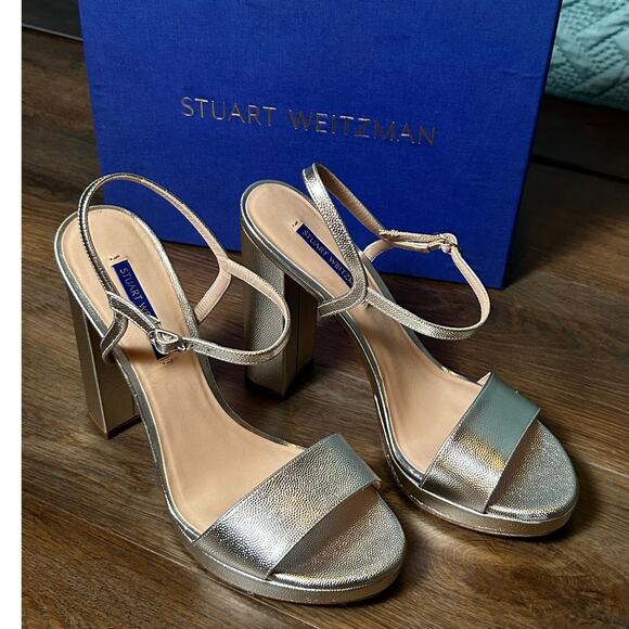 Stuart Weitzman Silver Ankle Strap Block Heel Women's Sandals New in Box - Picture 1 of 9